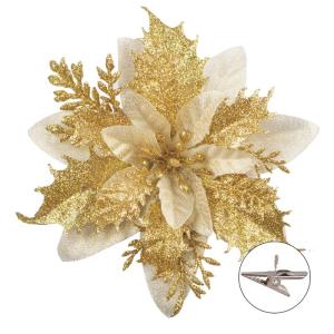 GL-Turelfies 12 STK. Glitzer Weihnachtsblumen (15cm/5,9'') mit 12 STK. Clips Künstliche Weihnachtsstern Blumen Weihnachtsbaum Blumenschmuck Weihnachtsbaum Ornamente (Gold)