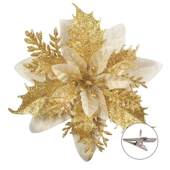 GL-Turelfies 12 STK. Glitzer Weihnachtsblumen (15cm/5,9'') mit 12 STK. Clips Künstliche Weihnachtsstern Blumen Weihnachtsbaum Blumenschmuck Weihnachtsbaum Ornamente (Gold)