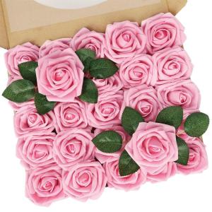 Kunstbloemen, 25 stuks echte rozenblaadjes met steel, voor doe-het-zelf bruiloftsboeketten, bruidsfeest, bloemstukken, feesttafels, woondecoraties, roze