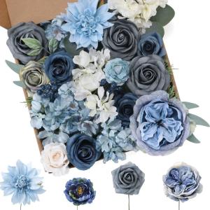 Künstliche Blumen Combo Dusty Blue Flowers Mix Silk Flowers Dahlie Rosen mit Stielen für DIY Hochzeit Brautsträuße, Babyparty, Blumenarrangement, Tischaufsätze, Heimdekoration
