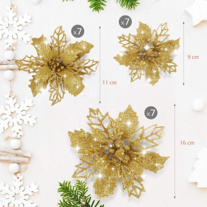 21 stuks kerstbloemen kerstboomversiering bloem kunstbloem glitter kerstboomversiering gouden Kerstmis