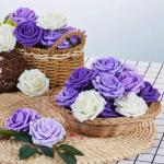 Kunstbloemen, rozen, 25 stuks, kunstrozen met steel, doe-het-zelf decoratie, voor bruiloft, boeketten, bruid, woondecoratie, serie violet