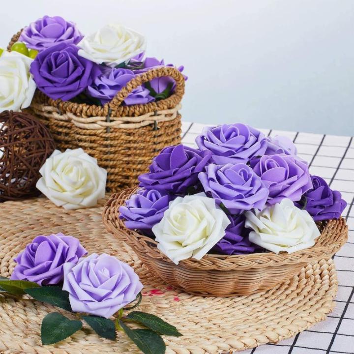 Kunstbloemen, rozen, 25 stuks, kunstrozen met steel, doe-het-zelf decoratie, voor bruiloft, boeketten, bruid, woondecoratie, serie violet
