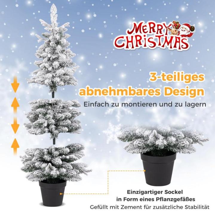 Schlanker Künstlicher Weihnachtsbaum 150 cm, Beleuchteter Beflockter Weihnachtsbaum mit 120 LED-Lichtern & beflocktem Schnee, Tannenbaum mit Zementbasis, für Innen- & Außenberei