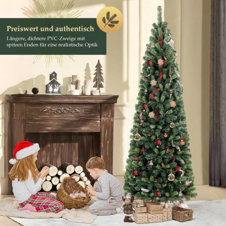 Kunstkerstboom Slim 210 cm, dennenboom met handschoenen en metalen standaard, potlood kerstboom met 818 pvc-punten, groen