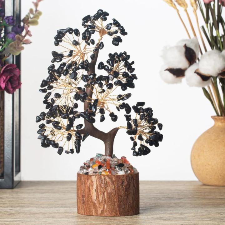 Obsidiaan, boom, edelstenen, kristallen boom, decoratie, zwarte kristallen, steen, grote levensboom, geldboom, kristal, geluksbrenger, boom, houten sokkel, esoterisch, geschenken v