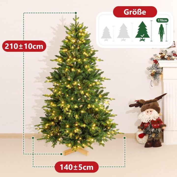 Nordmann-kunstkerstboom met verlichting, led-dennenboom met houten standaard voor kerstdecoratie, van PE en pvc, herbruikbaar, 210 cm