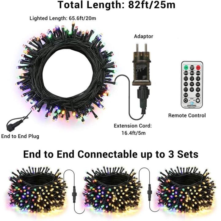 Kerstverlichting kerstboom 20 m 200 LED kerstverlichting buiten/ op stroom, warmwit en kleurrijk lichtsnoer, 11 modi, timer en geheugenfunctie, groene kabel, kerstdecoratie
