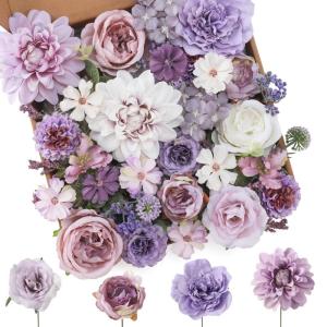 Künstliche Blumen Combo Lila Blumen Mix Seide Blumen Dahlie Rosen mit Stielen für DIY Hochzeit Brautsträuße, Babyparty, Blumenarrangement, Tischaufsätze, Heimdekorationen.