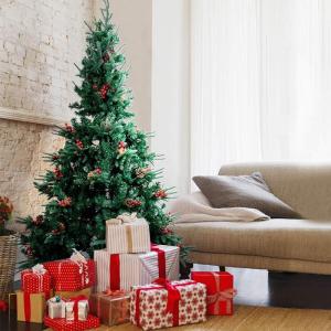 2,1 m kerstboom met dennenappels en bessen, PVC kunstmatige kerstboom met metalen standaard, kerstboom voor binnen buiten, groen