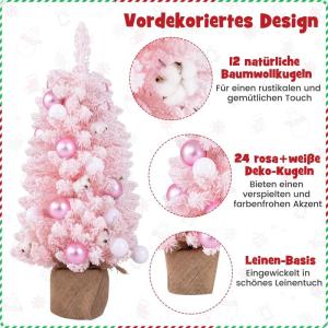 Künstlicher Weihnachtsbaum 90cm, Kleiner Dekobaum, Tannenbaum mit natürlichen Baumwollbällchen & Dekorativen Kugeln, Christbaum mit 136 Spitzen, Kunstbaum für innen (Rosa)
