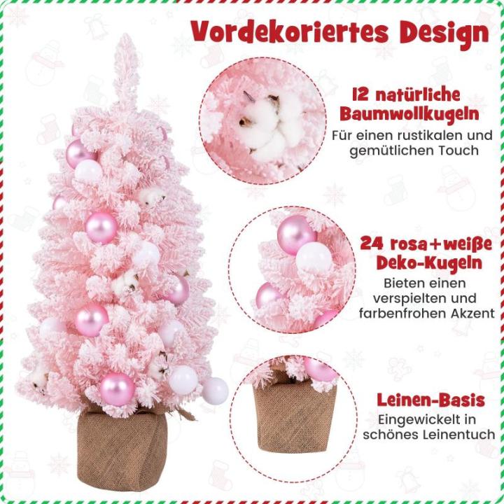 Künstlicher Weihnachtsbaum 90cm, Kleiner Dekobaum, Tannenbaum mit natürlichen Baumwollbällchen & Dekorativen Kugeln, Christbaum mit 136 Spitzen, Kunstbaum für innen (Rosa)