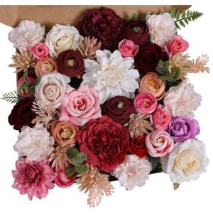 Kunstbloemkoppen, rozen, pioenrozen, dahlia's, bloemhoofden, zijden bloemen, voor feest, doe-het-zelf, bruid, bruiloft, bloemstukken, combo decoratie (wijnrood)