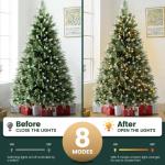 Kunstkerstboom met sneeuweffect, dennenappels, verlichting, 180 cm, automatische dennenboom, kunstkerstboom van pvc en PE, met houten standaard, Nordmann-spar, moeilijk ontvlambare