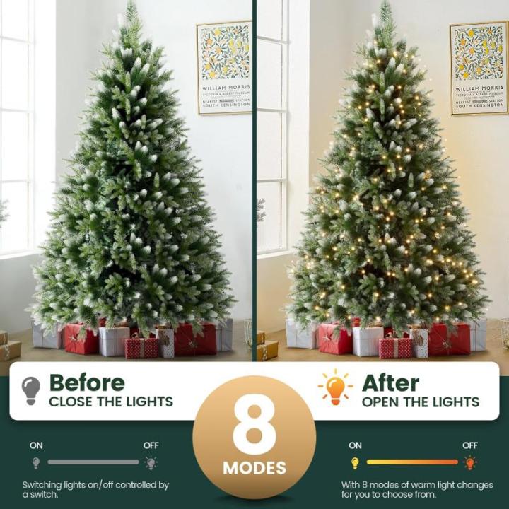 Kunstkerstboom met sneeuweffect, dennenappels, verlichting, 180 cm, automatische dennenboom, kunstkerstboom van pvc en PE, met houten standaard, Nordmann-spar, moeilijk ontvlambare