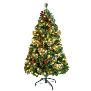 Kunstkerstboom met verlichting, 150 cm, pvc, kunstkerstboom met 260 leds en standaard, voor kunstkerst, kerstdecoratie met dennenappels en bessen