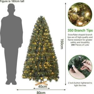 Nordmanntanne Kunstkerstboom, Levensechte Voorbehandelde Dennennaalden, Kerstboom met Handgemaakte Houten Standaard, Vakantie Decoratie voor Thuis en Winkel, 200 Warm Witte Lampjes
