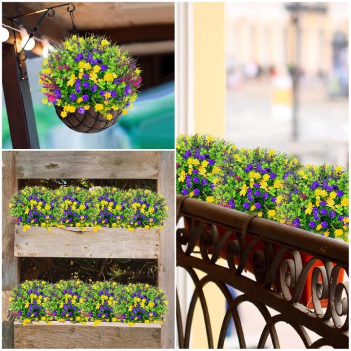 12 bundels voor buiten, kunststruiken, decoratie, UV-bestendig, balkonplanten, struiken, plastic bloemenboeket voor het ophangen van plantenbakken, veranda, vaas, tuin