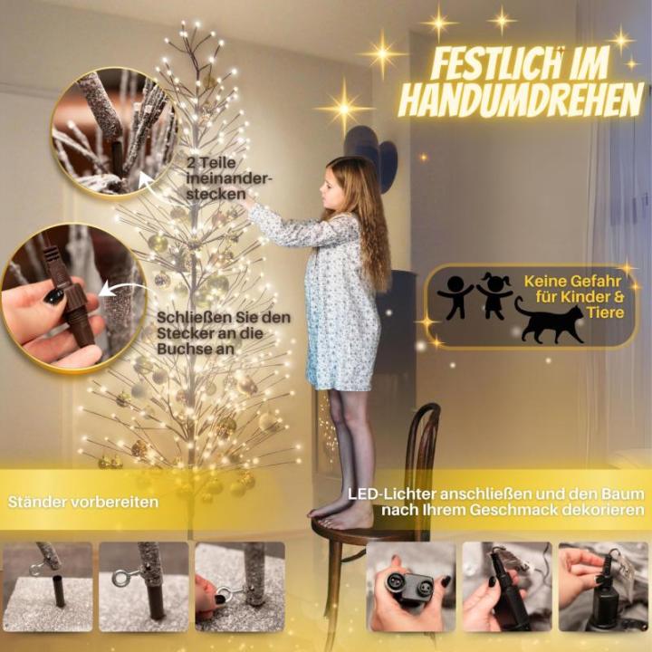 Led-kerstboom met 296 warmwitte leds en sneeuwdecoratie, 180 cm, bruin, geschikt voor buiten, kerstboom, takken en takken buigzaam, incl. metalen standaard
