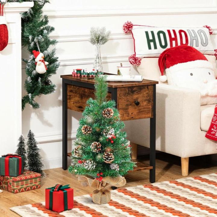 Kunstkerstboom, 60 cm, met dennenappels, rode bessen, groene dennenbladeren, 70 punten, linnen, katoen en cementbasis, voor kerstdecoraties