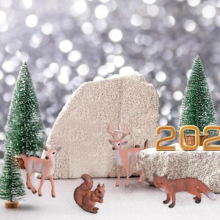 14 stuks mini-figuren, kerstboom, kunstornament, miniatuur, dennenboom, hert, haas, vos, eekhoorn, rendier, kleine kerstfiguren, kerstversiering om te knutselen, Xmas