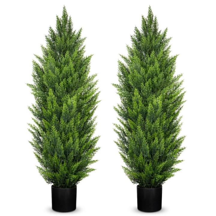 Künstliche Zedernbäume, UV-beständig, künstliche Sträucher, Zypressen, 14 cm breit, robuste Töpfe für Zuhause, Innen- und Außenbereich, Terrassentür, 1,2 m, 2 Stück