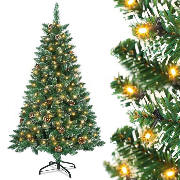 Kunstkerstboom, dennenboom met verlichting, 180 leds, warm wit, incl. metalen standaard, 367 takken, pvc-kerstboom voor kerstdecoratie (120 cm, sneeuweffect, dennenappels + led)
