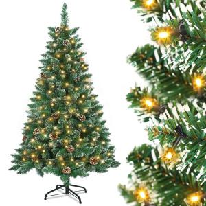 150cm PVC Kunstkerstboom Kerstboom met LED, met metalen standaard, voor Kerstdecoratie, Sneeuweffect+pijnappel+LED