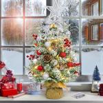 Mini-kerstboom met verlichting, led-tafel, rood, zilver, 60 cm