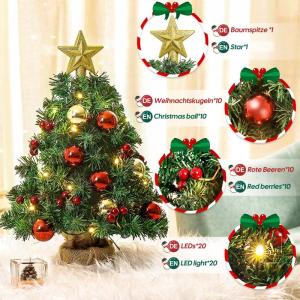 Mini Kerstboom met 20 Warmwitte leds 8 Lichtmodi, Dennenboom met Stervormige Pieken en Decoratieve Batterij, voor Kerstmis, Advent (40 cm met Afstandsbediening)