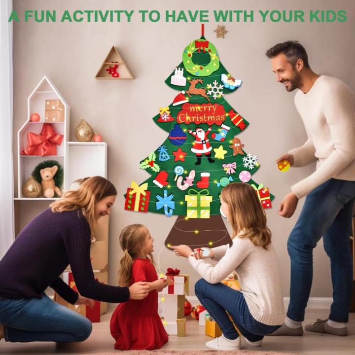 Vilten kerstboom voor kinderen, 3.3FT DIY muur opknoping kerstboom set, kinderen vilten kerstboom met 30 ornamenten en 5 m licht touw, ideaal voor thuis deur raam decoratie