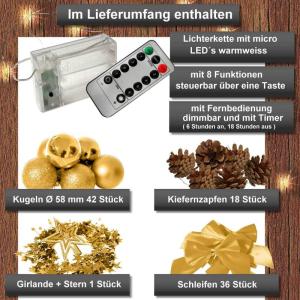 Kunstkerstboom (WBD) met kerstdecoratie en led-lichtketting met afstandsbediening, kerstboom versierd met verlichting, kunstkerstboom