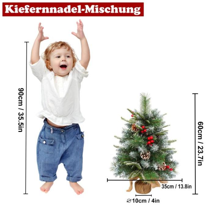 60 cm mini-kerstboom, kunstkerstboom met verlichting, kunstkerstboom met sneeuweffect, met 30 warmwitte leds, dennenappels en rode bessen voor Kerstmis