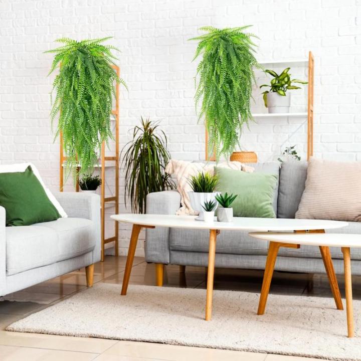 , 4/6 stuks, hangend, 80 cm, varen, groene bladeren, hangplant, , nepgroene plant, plastic planten, hangend voor binnen en buiten, decoratie (varen) (6)