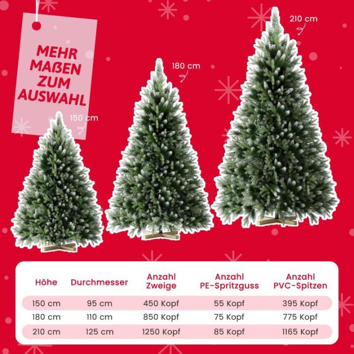 Onin, kunstkerstboom met kunstsneeuwcoating op punten, met 850 takken en houten standaard, inclusief 75 PE-spuitgietwerk en 775 pvc-punten, klapsysteem (H180 cm)