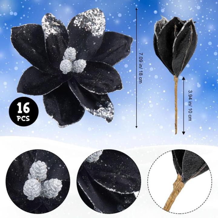 16 Stück Glitzer künstliche Weihnachtssterne Blume Glitzer Samt Magnolie Blume Faux Weihnachten Weihnachtsstern Blume Weihnachten Dekorative Blume für Weihnachtsbaum Dekoration 