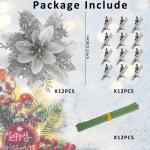12 Stück Weihnachten Glitzer Weihnachtsstern Silber Künstliche Blumen Deko, Weihnachtsstern Künstliche Blumen mit Clips + Vorbauten, Weihnachtsblumen für Weihnachts Hochzeits G