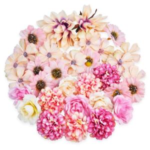 34 stuks om te knutselen, roze kleine bloemkoppen, 4 ~ 7 cm, mini , bloemhoofdjes, decoratie, zijden bloemen, , bloemendecoratie, rozen, hortensia's voor