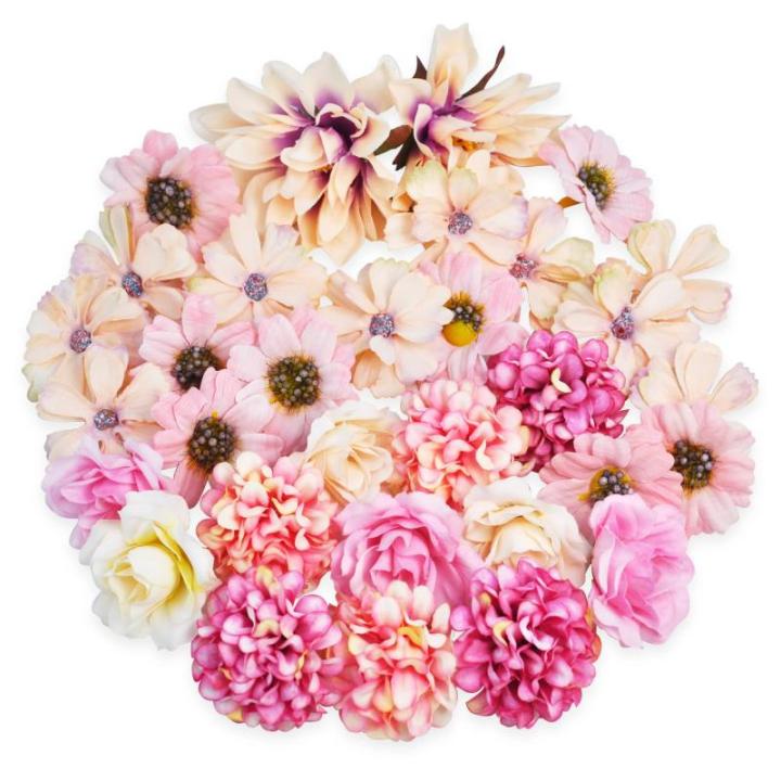 34 stuks om te knutselen, roze kleine bloemkoppen, 4 ~ 7 cm, mini , bloemhoofdjes, decoratie, zijden bloemen, , bloemendecoratie, rozen, hortensia's voor