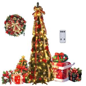 6/7 Fuß großer, in 1 Minute aufklappbarer Weihnachtsbaum mit Licht, zusammenklappbarer Weihnachtsbaum, Arbol De Navidad Plegable, komplett dekorierter, vorbeleuchteter 6/7 Fuß g