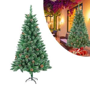 Kunstkerstboom, 180 cm, pvc, met sneeuweffect, dennenappels, kerstboom met snel op te bouwen, inklapsysteem, brandvertragende kunstdennenboom met metalen standaard