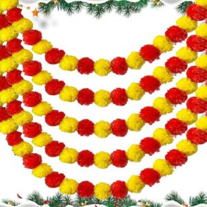 5pcs Marigold Garland 5ft künstliche Weihnachtskräfteblumen mit hängendem Ring Red & Orange Diwali Marigold Garland für Diwali Festival Weihnachten Indian Hochzeitsdekor, Ringe