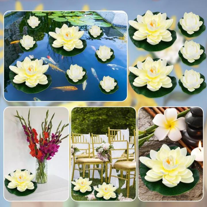 Kunstwaterlelie, 5 stuks, 10 cm en 18 cm, drijvende bloemen, waterlelie, wit, waterlelie, kunstbloemen, lotusbloem, kunstlotus, kunstdecoratie voor tuinvijver, decoratie
