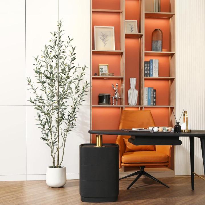 Olijfboom, , 210 cm, kunstplant met levensechte vruchten, kunstolijfboom in witte pot, indoor decoratie (1 stuks)