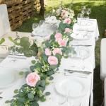 Künstliche Eukalyptus-Blumengirlande mit rosa Rosen, künstliche Pflanzen, Seide, Blumen, grüne Girlande, Kunstschleierkraut, Efeu-Ranken für Hochzeit, Dekoration, Zuhause, Weih