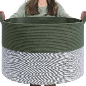 Opbergmand voor kinderkamer, wasmand voor kinderen, grote kerstboommand, mand voor dekens, babyspeelgoed, gevlochten mand, 55 x 35 cm, olijfgroen