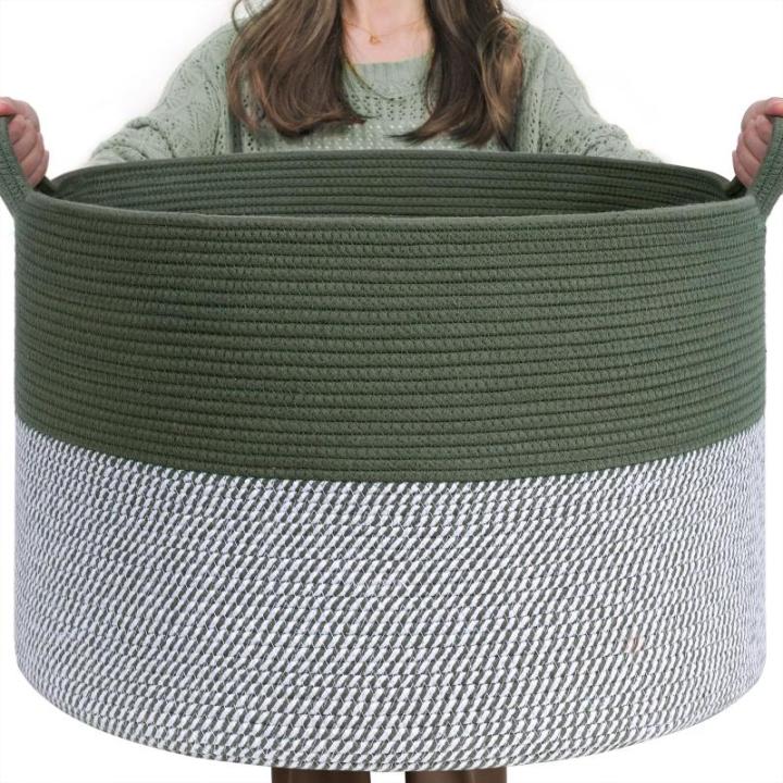 Opbergmand voor kinderkamer, wasmand voor kinderen, grote kerstboommand, mand voor dekens, babyspeelgoed, gevlochten mand, 55 x 35 cm, olijfgroen