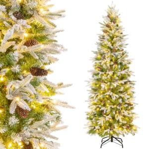 Kunstkerstboom met sneeuw, dennenboom met 280 warmwitte leds en 60 dennenappels, kerstboom met 671 takpunten, potlood kerstboom 190 cm, snel op te zetten klapsysteem