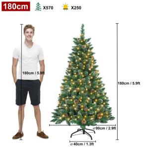 Kunstkerstboom met verlichting, groen, pvc, met sneeuweffect, dennenappels, led, pvc, kerstboom, decoratieve boom met standaard, kerstdecoratie voor kerstdecoratie