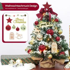 Mini-kerstboom, kleine kerstboom met verlichting, led-tafel, kerstboom, klein, kunstmatig versierd, voor kerstdecoratie (60 cm, rood met goud)